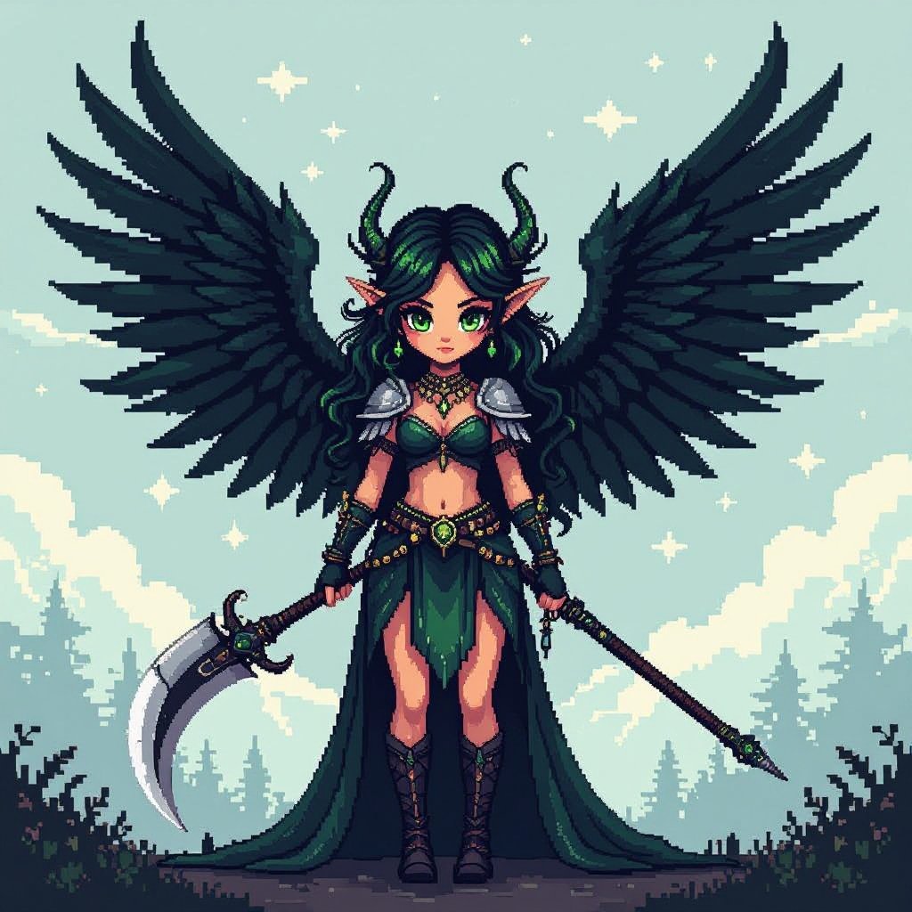 Dark pixie with big wings, wavy hair with green highlights, lots of jewelry, holding scythe