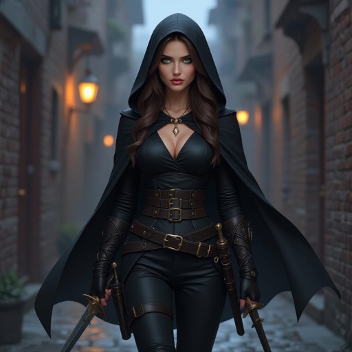 Human woman. Brown long hair and green big eyes. She wears a black cape. A tight black blouse and black pants. She has a belt on which he carries daggers and swords. She wears high, heavy boots. She carries a short sword. She has a long sword on his back. She wears a hood. It's night. A dark alley. The screen is from below. A woman approaches us. A cold expression appears on her face. An amber necklace gleams around her neck. She wearing black armor. The woman is pale. She has a delicate beauty. Her eyes are painted black. She looks menacing. pale complexion