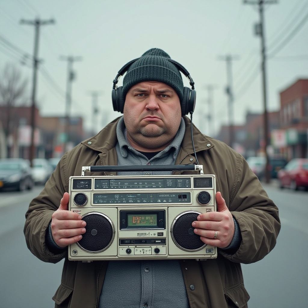 Create a funny fat guy who isnt friendly from New York  has a boom box radio , make the graphics not human 