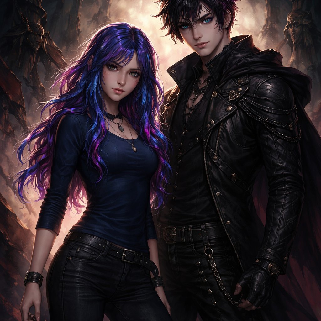 A 17 year old girl who has blue hair with purple and pink stripes and hazel eyes. She is wearing a dark blue shirt and jeans. Next to the girl is an 18 year old prince who has black hair with purple stripes and blue eyes. He is wearing all black and is wearing a golden crown in his head. They both look strong and determined.