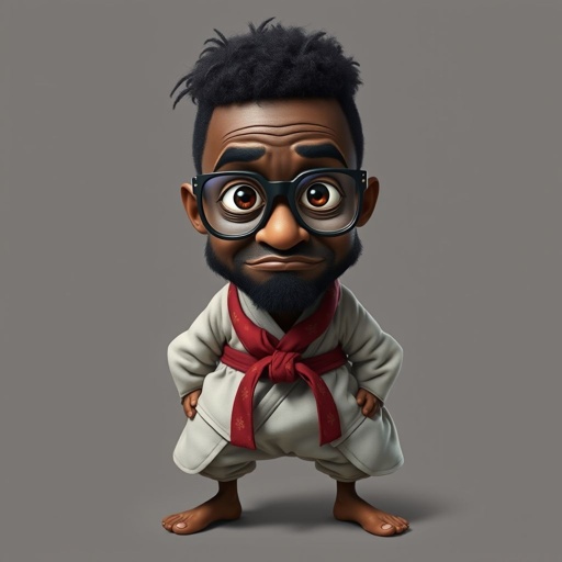 Create a funny looking African sensei. Show the whole character from head, body , legs , feet and make him serious.