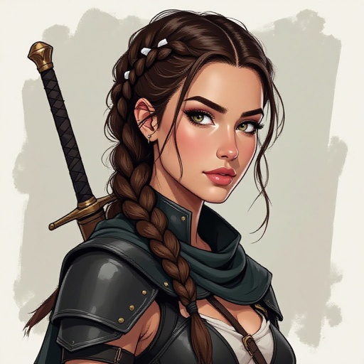 Thin warrior woman of 20 years old, brown hair with the bottom half in white, arranged in a coronet braid. She wears black fighting leathers. She has pale skin. In drawing realistic style