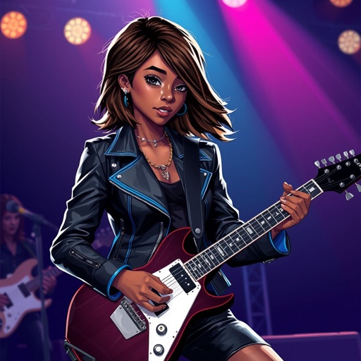 A teenage darker skinned African American woman with glasses shoulder length brown hair with highlights in a side part style wearing black leather jacket with blue accents black jeans a dark blue shirt on a stage playing a Flying V electric guitar with a band