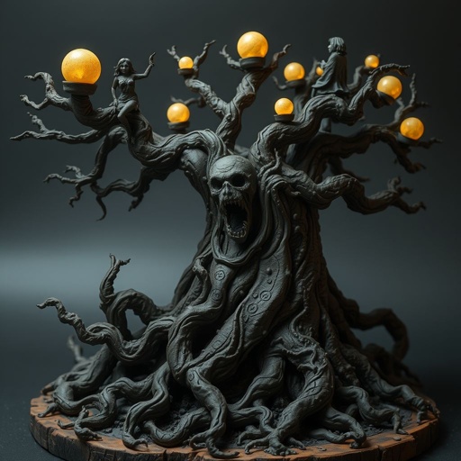 Give me a image of a fantasy dark magic tree, with roots in the bottom