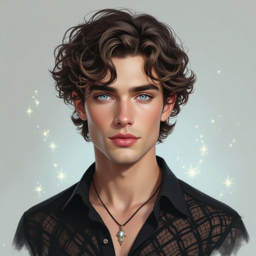 Mężczyzna. Człowiek. Delikatna uroda, włosy krótkie zasłaniające uszy, włosy sięgają do podbródka, lekko kręcone, ciemnyblond. Oczy jasnoniebieskie. Delikatnie zadarty nos. Wąskie usta. Bez biżuterii. Wąska, uwydatniona szczęka. Ubrany alternatywnie. Normalne uszy. Bez kolczyków. Ubrany na czarno w siatkowaną bluzkę.