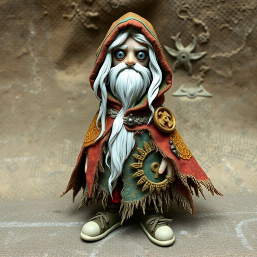 Create old character: The Silver-Eyed Wanderer – A tall, long beard hooded androgynous figure with hair that white. piercing silver eyes seem to see both past and present at once. a long, tattered cloak covered in stitched symbols from lands unknown. Show her whole body head to toe including her shoes.