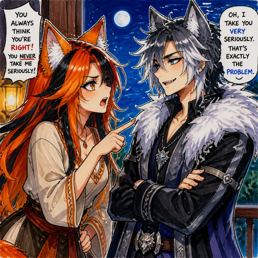 A beautiful woman with fox like looks fox ears fox eyes and orange and black hair and a beautiful modest dress arguing with a handsome man with wolf like looks and wolf eyes wolf ears and gray and white hair he is smirking