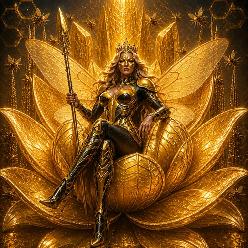 a woman sitting on top of a golden flower
