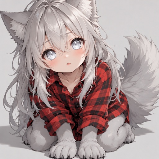 Child girl werewolf, silver hair, silver eyes, silver fur, flannel shirt
