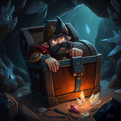 Closed wooden treasure chest with blue banding sitting on cave floor