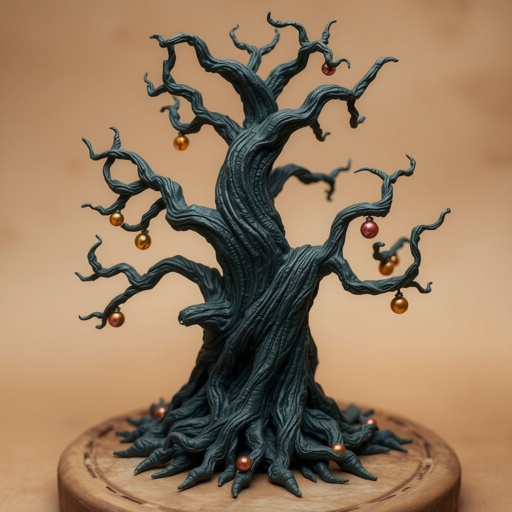 Give me a image of a dark  magic tree, with roots in the bottom