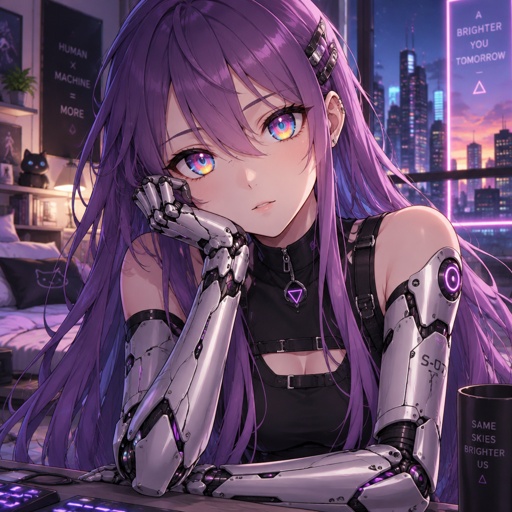 Teenage girl, cyborg, purple long hair, rainbow eyes 