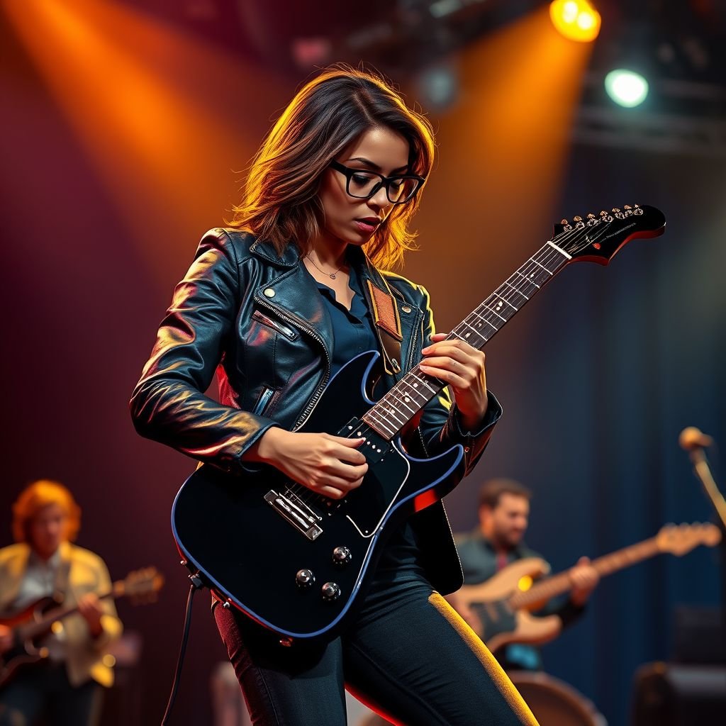 An African American woman with glasses shoulder length brown hair with highlights in a side part style wearing black leather jacket with blue accents black jeans a dark blue shirt on a stage playing a Flying V electric guitar with a band