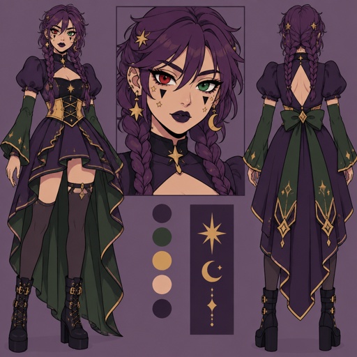 Female, purple braids, messy bangs, one red eye the other green, black triangle under eyes, stars on face, dark purple lipstick,  purple dress with a short front, puffy short sleeve, gold corset, long green sleeves, green details on clothes, stars on top