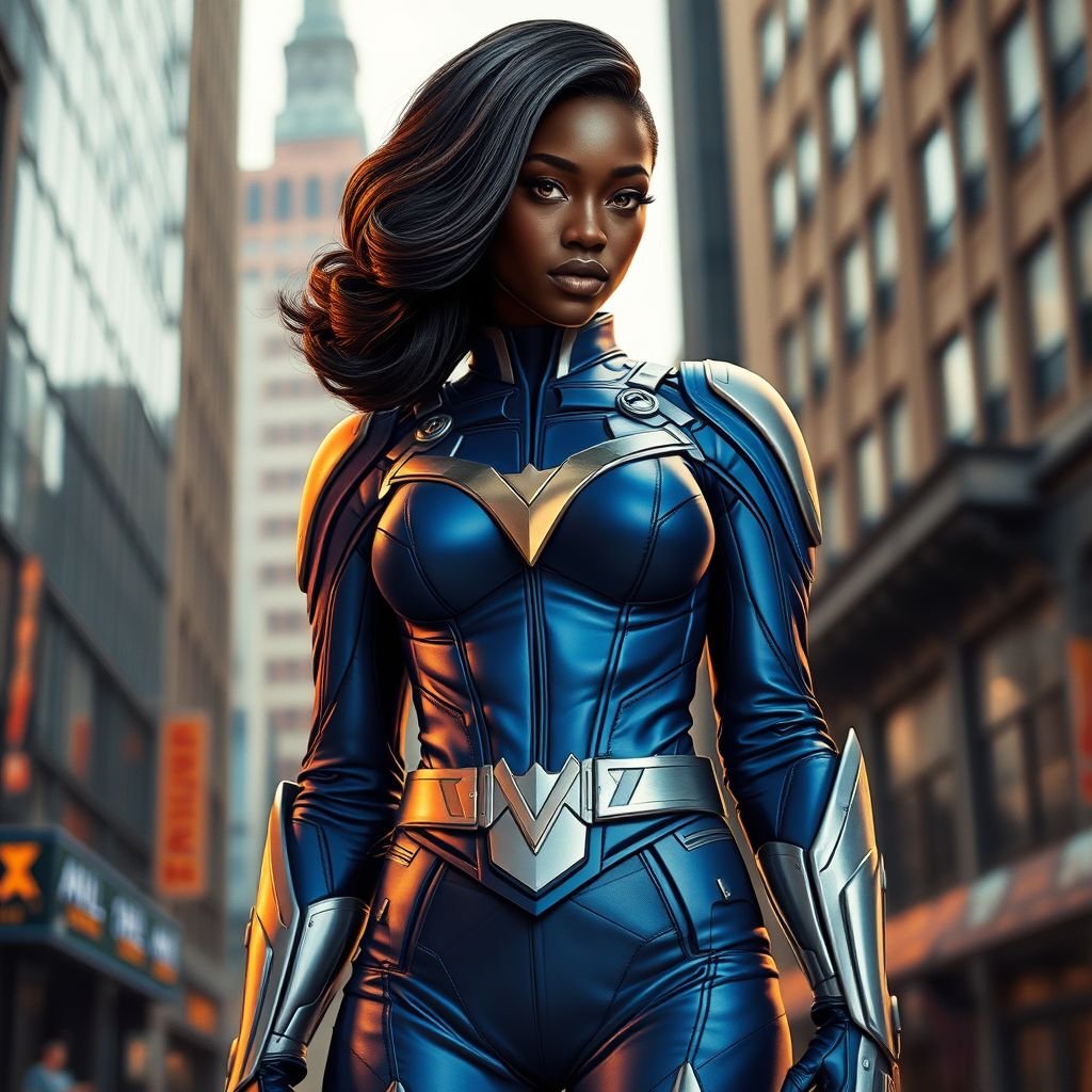 African American female superhero with hair in a shoulder length side part hairstyle with pure Gold Glowing eyes wearing slightly armored royal blue and silver accented suit with royal blue pants and silver knee length boots with a utility belt with a gold V as her chest emblem in Philadelphia