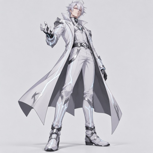 Outfit for a male Villian in a futuristic setting, simple, full body, light colored, technology 