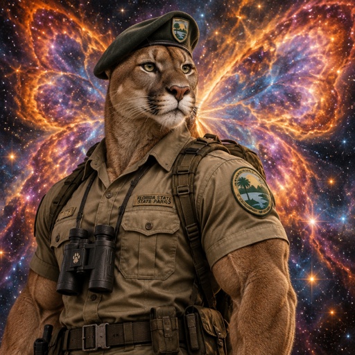 A Florida Panther turned into a warrior by Mother Nature, Queen butterfly Nebula. He is muscular and wearing a park ranger outfit with a beret on his head.