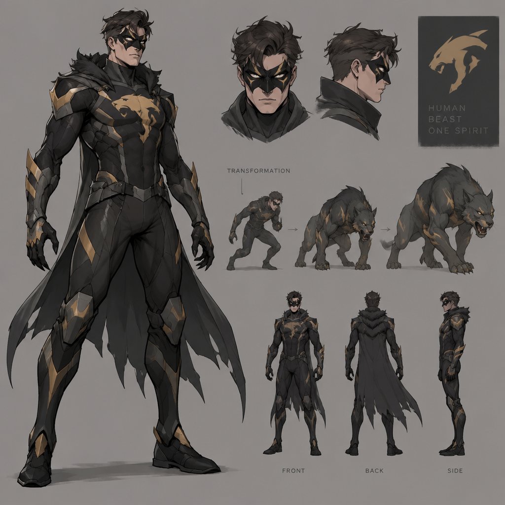 Male superhero with the ability to transform into animals, cool costume, mask