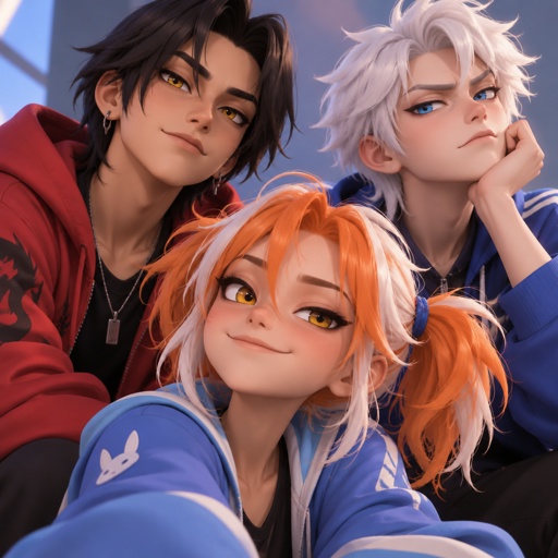 Female, smile, yellow eyes, orange and white messy pigtails, short, wears blue, one droopy eyelid, Male, smile, Asian, neck length black hair, yellow eyes, eyeliner, wears red casual clothes, small mouth, Male, fluffy white hair, big blue eyes, long smile, snobby, wears blue,irritated 