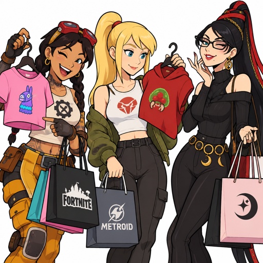 Jules from Fortnite, Samus Aran, Bayonetta from super smash bros, all wearing casual clothes going shopping