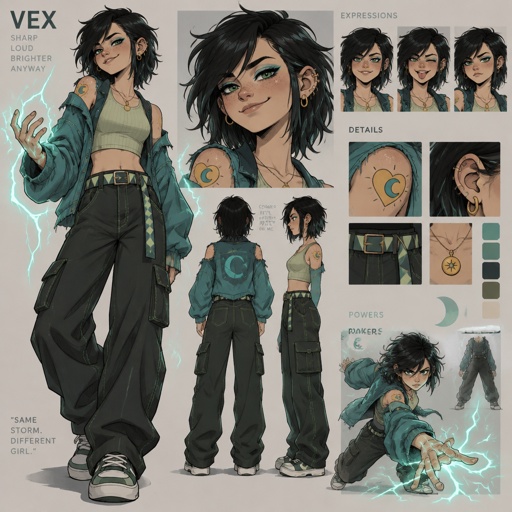 Female, teen, freckles, dark green eyes, cyan ray shadow, ear piercings, choppy black neck length messy hair, bangs on one side of face, cyan jacket with shoulder holes, light green crop top, yellow heart tattoo with a blue moon inside on shoulder, baggy pants, belt with dark and light green triangles, gold necklace, lightning powers, smirking, cartoon style
