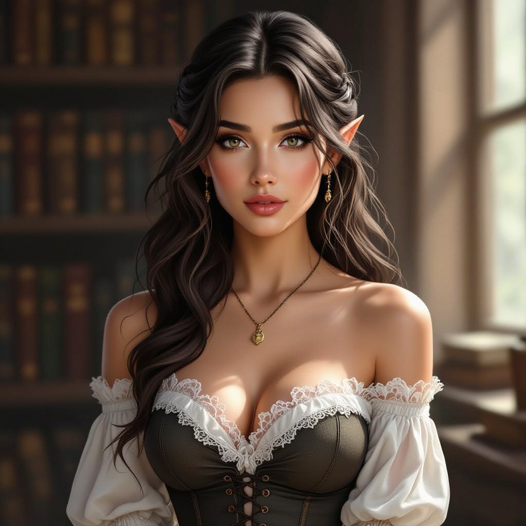 Dark Brown Hair Elf Witch Librarian in a Lace Tube Top and Pencil Skirt