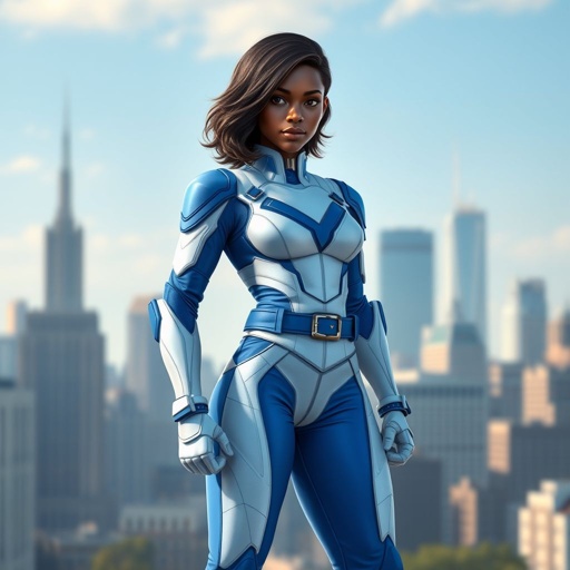 A teenage African American female superhero with slightly curly hair in a shoulder length side part style wearing a polyester armored white and blue suit with blue pants and a stylized V as her chest emblem a utility belt and blue boot heel less standing in Philadelphia