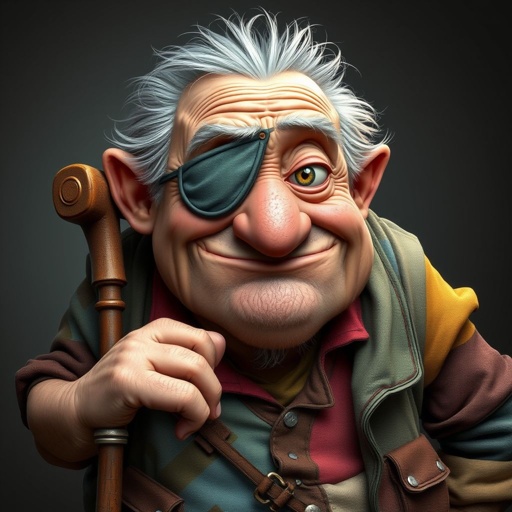 Create a grouchy funny old character who has 1 eye patched. Make him fat with a cane. Show his whole character head to toe in image 