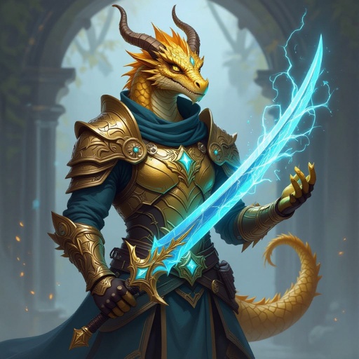 Golden Dragonborn with a missing tail. He is a hex blade warlock with a blue and gold short sword