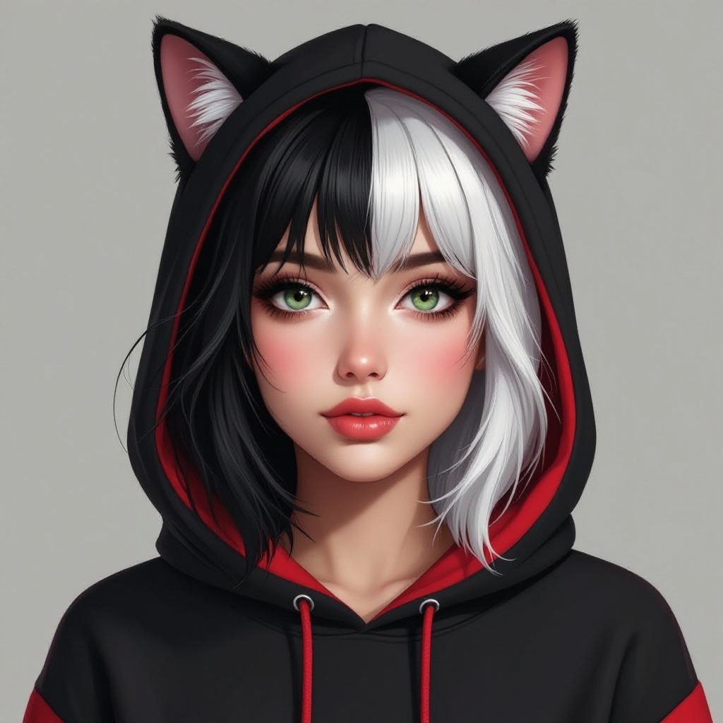 Młoda kobieta. Włosy do ramion, z grzywką, prawa połowa włosów biała, lewa połowa włosów czarna. Okrągła, pyzata twarz. Szaro-zielone oczy. Wąskie, małe usta. Ubrana w czarno czerwoną bluzę z kaptórem z kocimi uszkami