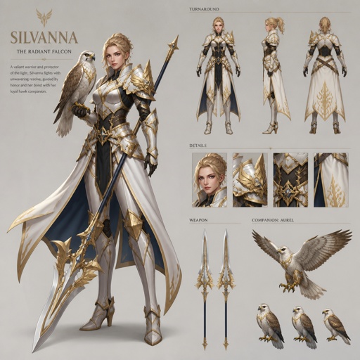 female warrior named silvanna, blonde, white gold, hawk companion