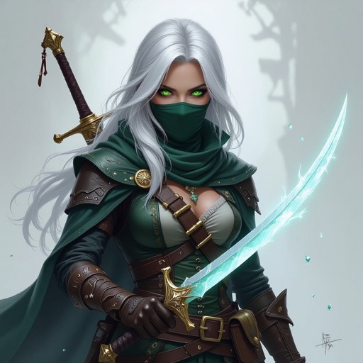 5’7 tall platinum hair almost white bright green eyes human keeps face covered 130 lbs Ghost form tattoo on right arm Duel wielding crystal rapier blades rouge pirate captain