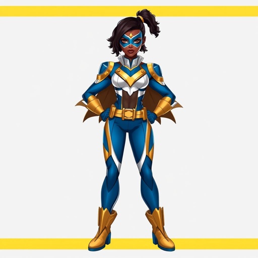 A teenage African American female with shoulder length curly hair  in a side part style superhero  wearing a  DOMINO MASK and a professionally made slightly armored white and blue suit with blue pants gold accents and a stylized V as her chest emblem a utility belt and gold boots