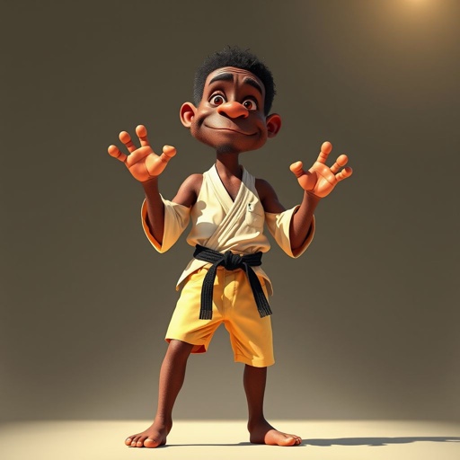 Create a character who looks like a funny African karate guy who doesn’t have a clue what he is doing. Make him have weird toes, only speedos on and a black karate belt.