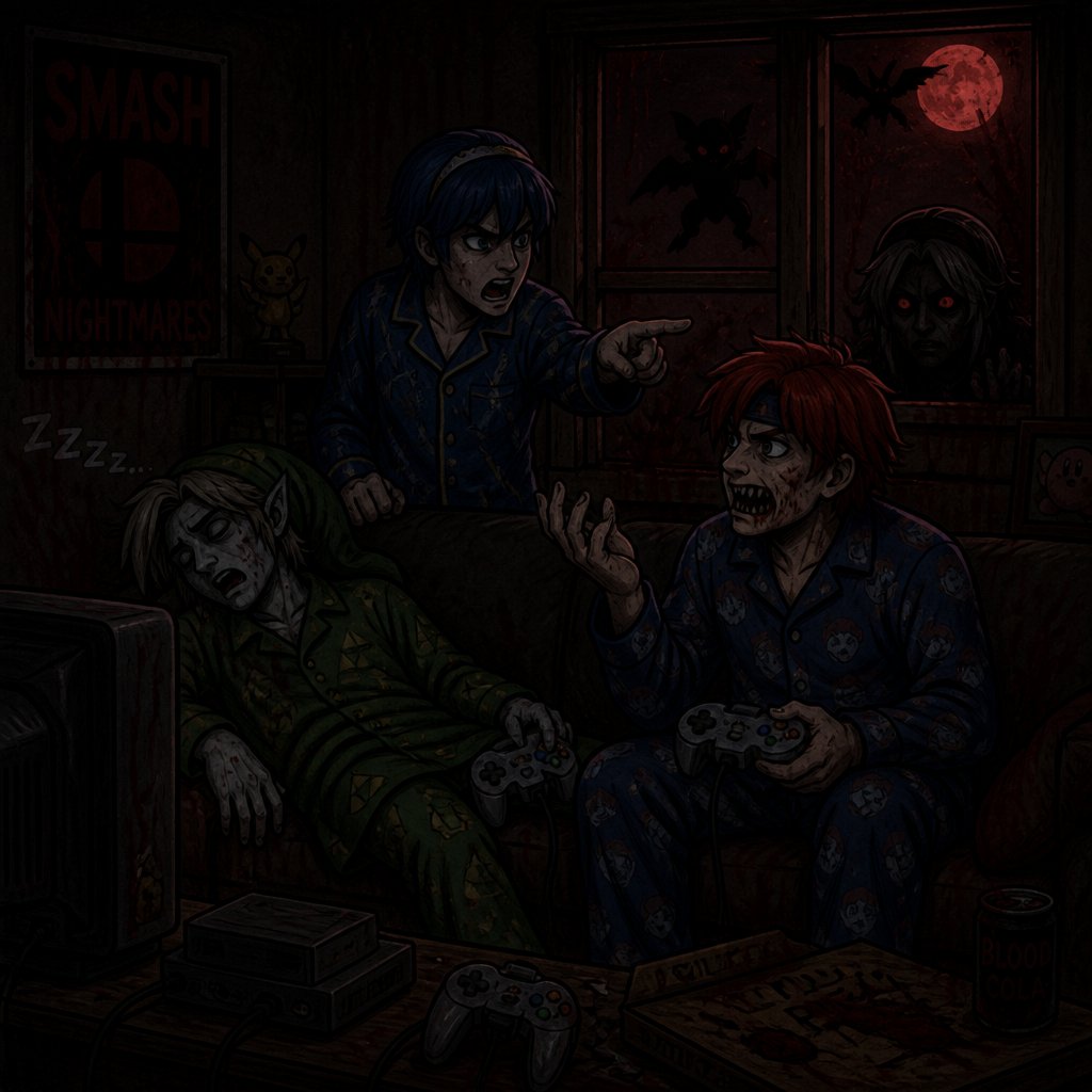 Super smash brothers link from legend of Zelda, pit from kid Icarus, and sonic the hedgehog as a human, Marth from fire emblem, Roy from fire emblem, Roy pit and human sonic all in pjs playing a video game in the living room on the floor laughing and being loud in the middle of the night, link past out snoring, and Marth coming into the living room wearing pjs yelling at them saying "it's 4 o'clock in the morning go to bed!" Then Roy says back to Marth " come on Marth it's a sleep over we're just in joying it as much as possible, put headphones on if it's that bad" Marth looks at Roy with a very angry face, there is dark link peaking through the window and a shadow of rouge the bat from sonic flying far off in the background