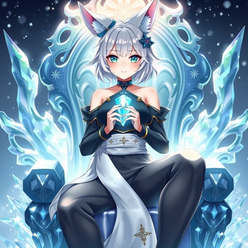 (Genshin Impact based) Teenage girl bearing a Cryo Vision with fair skin and vibrant aqua green eyes. Wearing royal black top with smokey grey trousers with a snow-white sheet of cloth wrapped around her waist adorned with snowflakes and small golden decor. Medium length white hair with small fox ears. Sitting on an icy throne holding a small crystal