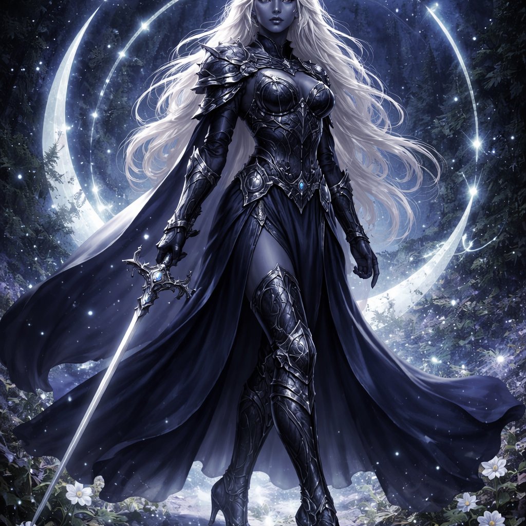 A beautiful Drow woman with long flowing white hair, dark grayish blue skin, large silver eyes, wearing dark blue flowing robes with armor plates, knee high heeled armor boots with Eilistraee’s symbol surrounding her. Carrying a long detailed rapier. Full body picture