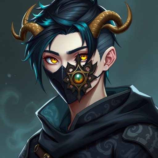 A pale young man with black hair and teal-coloured highlights with golden eyes. Wears a dark, close-fitting outfit adorned with cloud patterns, and a mask inspired by exorcism rituals, featuring horns and a centre eye. His design incorporates elements of antiquity and ethereality, balancing practicality with a sense of otherworldliness.