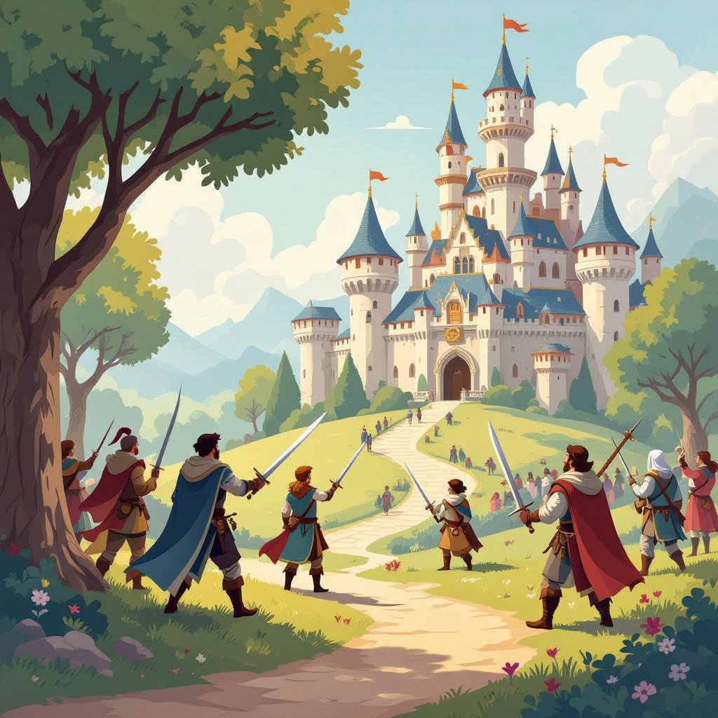 A historical world with kingdoms with some men having swords drawn