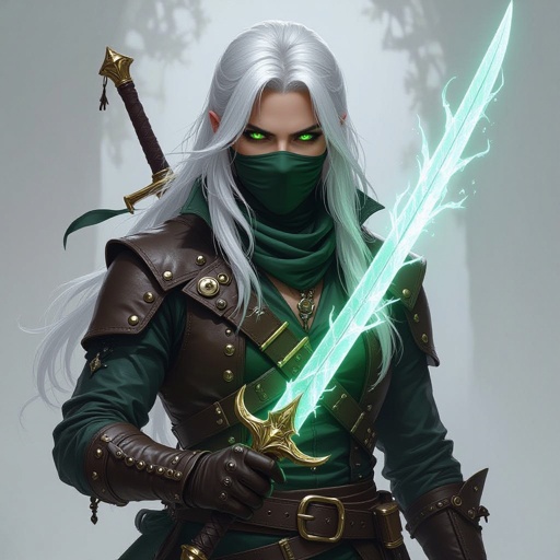 5’7 tall platinum hair almost white bright green eyes human keeps face covered 130 lbs Ghost form tattoo on right arm Duel wielding crystal rapier blades rouge pirate captain