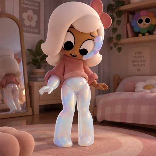 Ginger from Dandys world in her room noticing that she has opalite legs and hips to go with her opalite arm and face piece 
