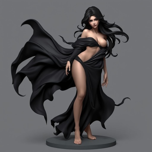 Create character hero Veyra of Shadows – A lithe, mysterious woman draped in layered black silks that move like smoke around her. With jet-black hair. Show her whole body head to toe including her shoes.