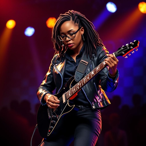 An African American woman with glasses long locs in a side part style wearing black leather jacket with blue accents black jeans a dark blue shirt on a stage playing a Flying V electric guitar 