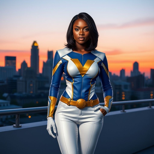 African American female superhero with shoulder length hair in a side part style and  wearing a slightly homemade  white blue and gold suit with white pants with a stylized V as her chest emblem wearing gold flat boots made of gold standing in Philadelphia at dusk