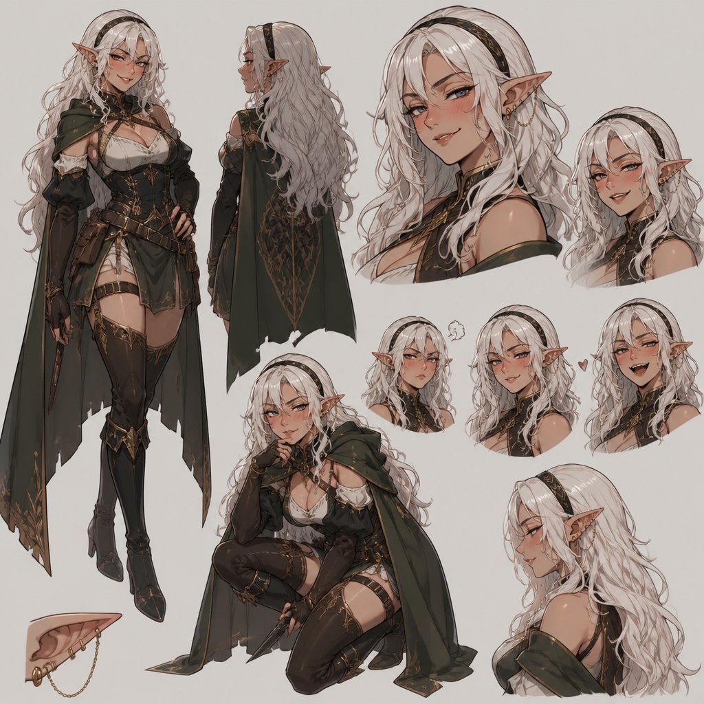 Female, elf, white wavy hair, headband, elf like clothes, smirk, blush, ear piercings, multiple of the same character
