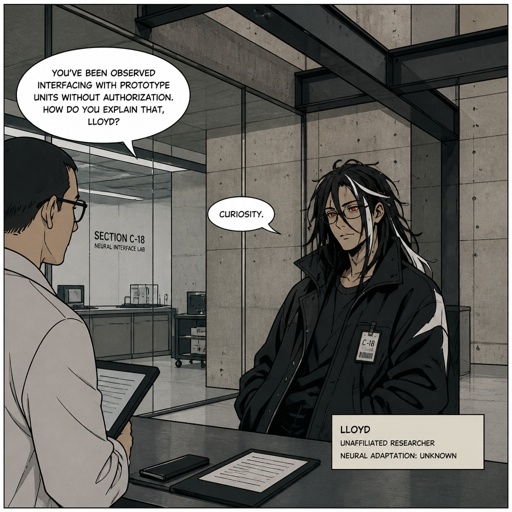 Anime male,name is Lloyd,hair messy long braided black hair with white stripes,clean shaven,highly skilled,in late 20s,migraines,sarcastic,red glowing eyes,one eye is severely damaged,serious face,been unwillingly experiment on for many years until finally found and rescued ,has power of a spider and control spiders make traps poison and crawl on walls and ceiling dangerous,glasses,wears a loose jacket a nice fully covered shirt ,loves spiders, nice big earrings,tattoos on arms that means arachnid and on left arm tattoo that says sub 389,doesn't remember anything from his past except the experiments, long scary fingers, spider fangs, traumatized,special agency is keeping an eye on him. Lloyd and a scientist having a conversation, scientist “do you know where you originally lived or any relatives” Lloyd “no… but why does that matter know? Who cares I don’t,there’s no point, I wouldn’t be recognized by them anyway”scientist”you don’t care to find out who you are?” Lloyd “no…I don’t” scientist “what else do you remember?” Lloyd staring of in the distance with a small look of fear in his eyes says “only the experiments”as a comic