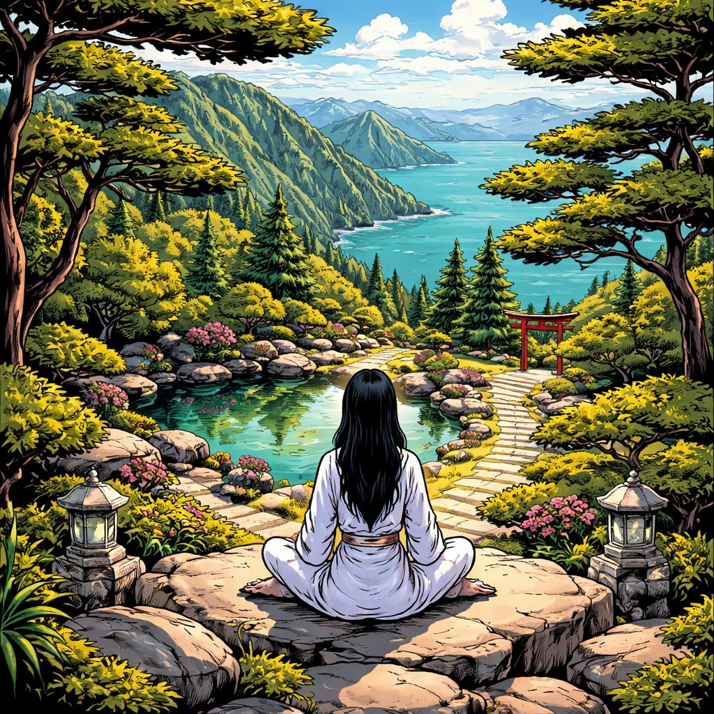 No speech bubbles three-quarter rear drone view of a slim woman with black hair and white robe in the meditation position in a garden overlooking the mountains and the sea lots of trees, pine trees