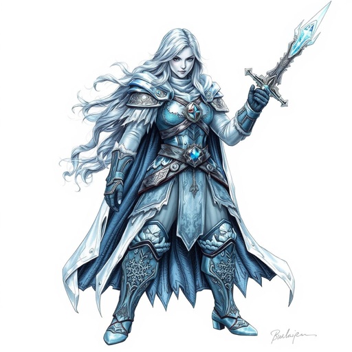 Create a battle woman hero called Alvara the Frostheart. Show full body head to toe including shoes