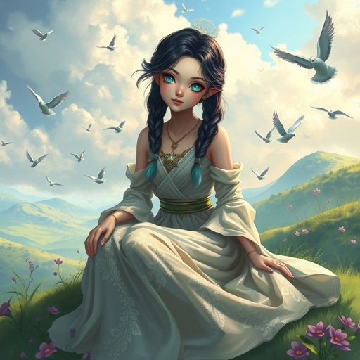 A young female with fair skin and vibrant teal eyes. Black hair with cyan tips in the form of two short braids. Wearing a goddess two-piece outfit (top and trousers) sitting on a hill watching pigeons fly from a very far distance