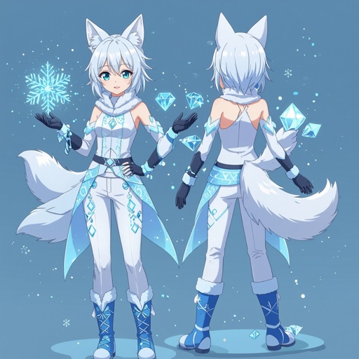 A pale teenage girl with a height of 5’1. Aqua green eyes wearing a white top and trousers with gleaming blue snowflakes and diamonds. Short white hair with a snow fox tail and ears. Wears long gloves and boots conducting ice